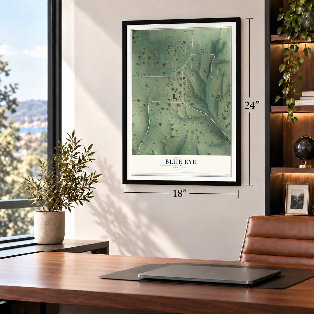 Blue Eye, Arkansas map, 18 x 24 inch print in a black frame in a home office
