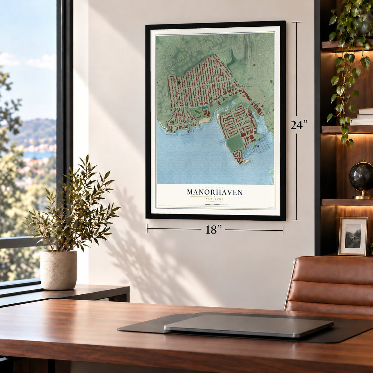 Manorhaven, New York map, 18 x 24 inch print in a black frame in a home office