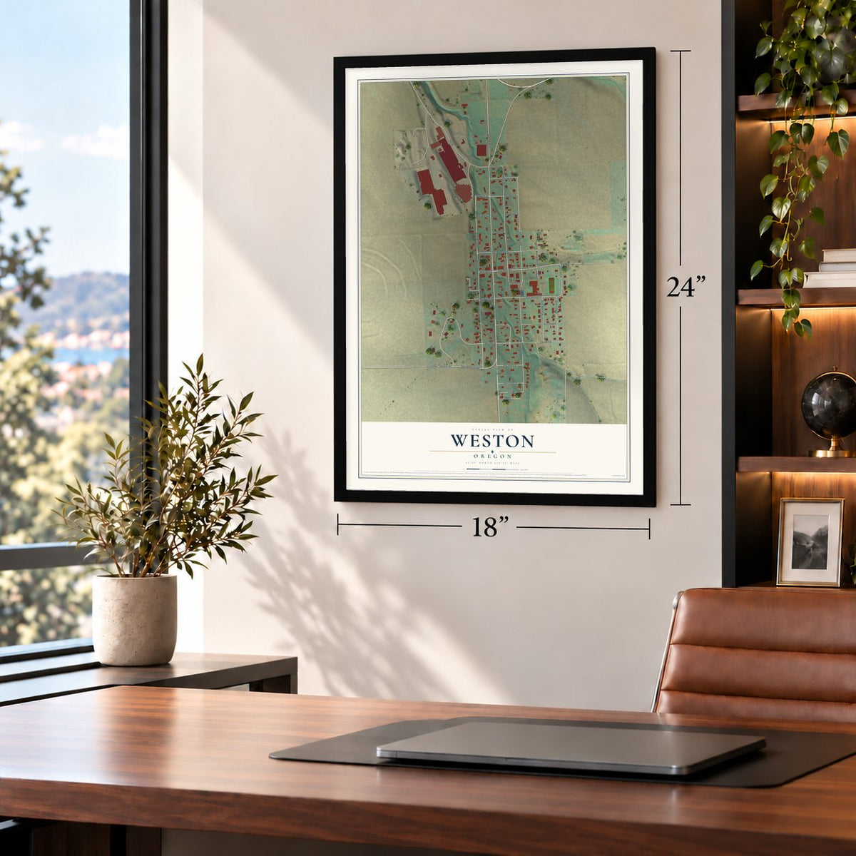 Weston, Oregon map, 18 x 24 inch print in a black frame in a home office