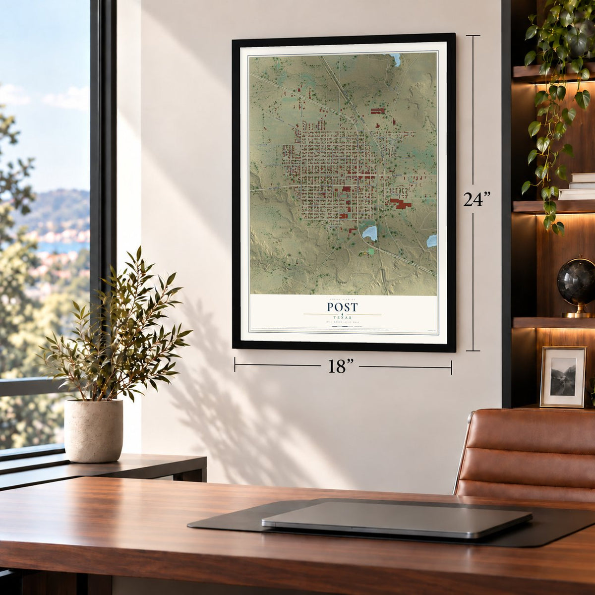 Post, Texas map, 18 x 24 inch print in a black frame in a home office