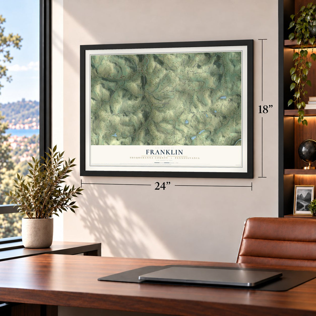 Franklin, Susquehanna County, Pennsylvania map, 18 x 24 inch print in a black frame in a home office