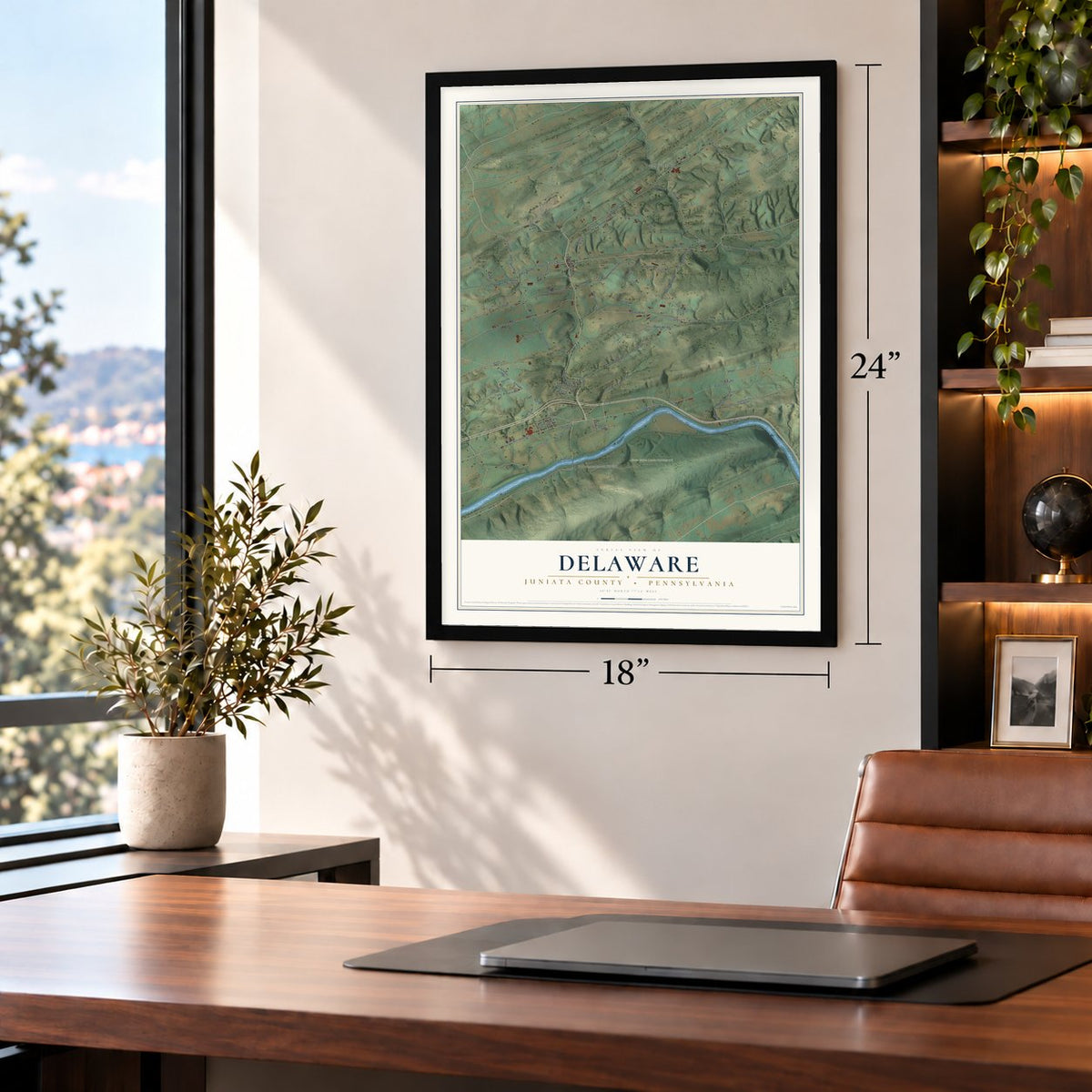 Delaware, Juniata County, Pennsylvania map, 18 x 24 inch print in a black frame in a home office