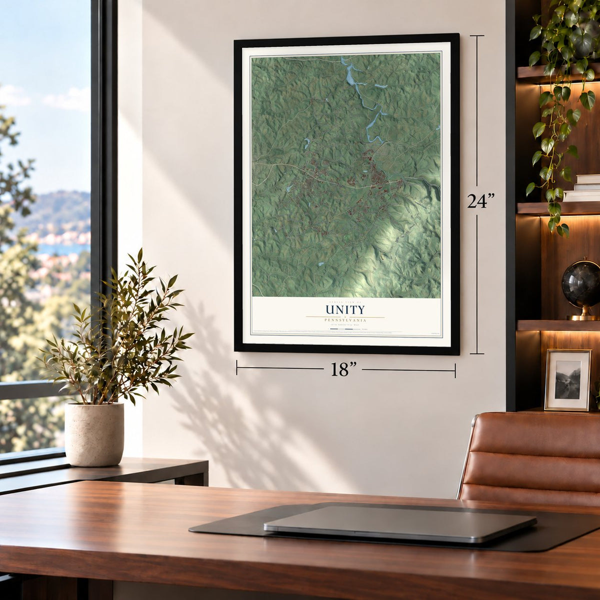 Unity, Pennsylvania map, 18 x 24 inch print in a black frame in a home office