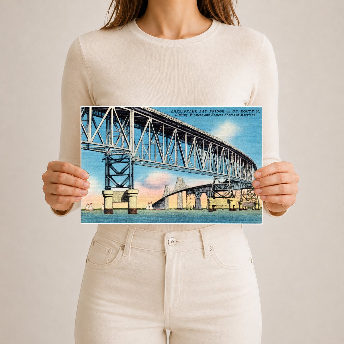 Chesapeake Bay Bridge on U. S. Route 50 linking western and eastern shores of Maryland — Vintage Maryland Postcard