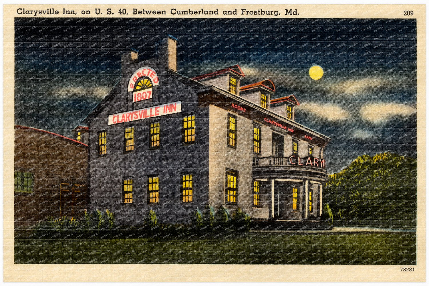 Clarysville Inn, on U. S. 40, between Cumberland and Frostburg, MD — Vintage Maryland Postcard
