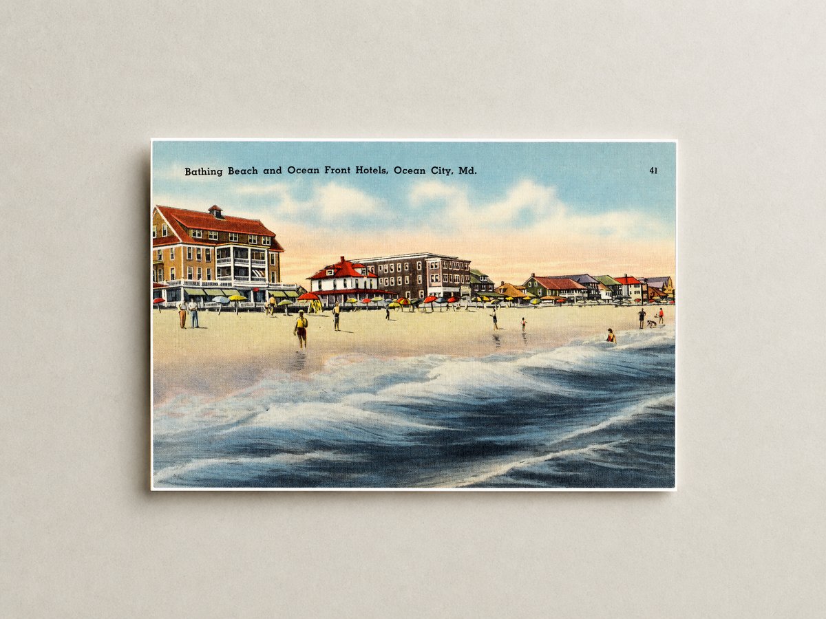 Bathing Beach and ocean front hotels, Ocean City, MD — Vintage Maryland Postcard