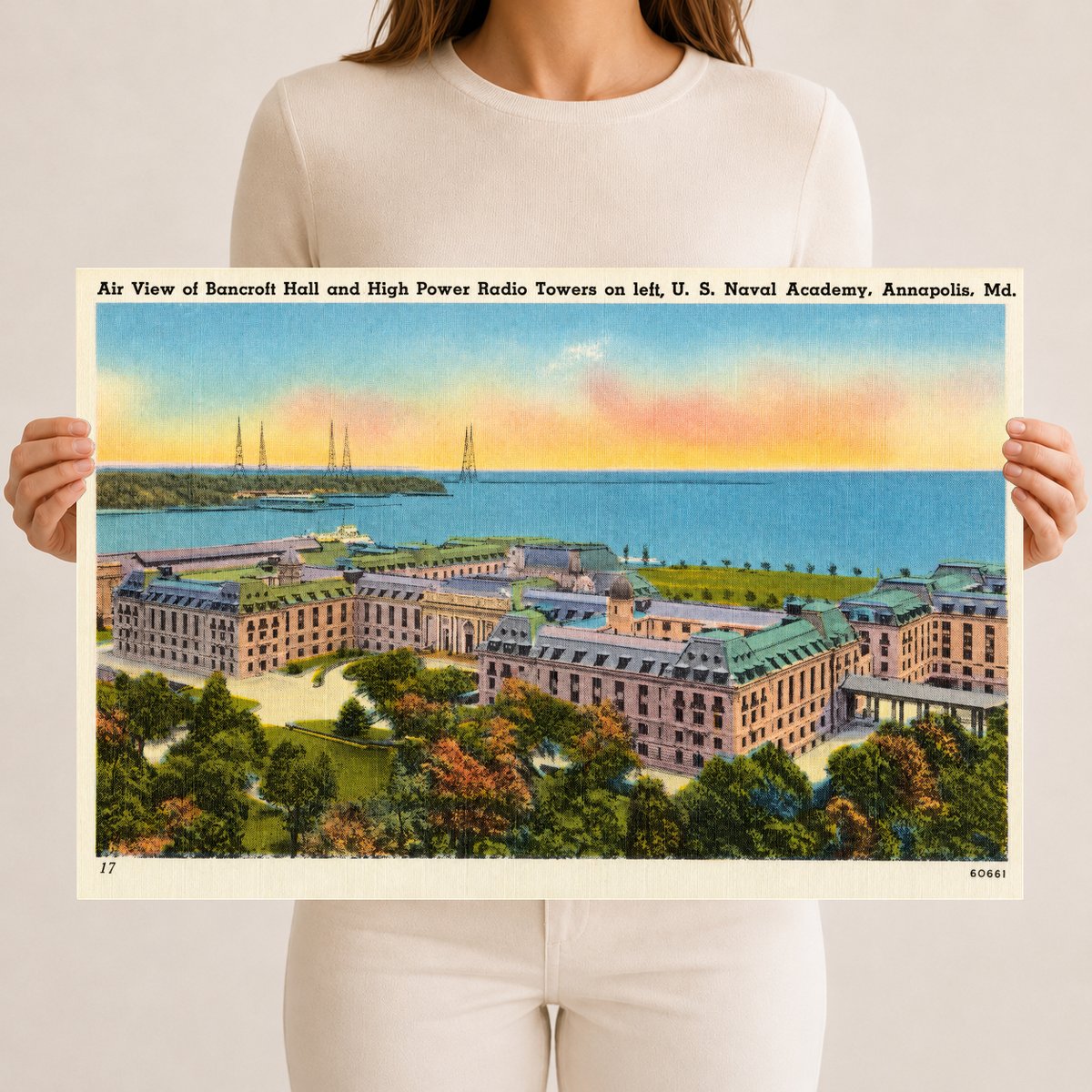 Air view of Bancroft Hall and high power radio towers at left, U. S. Naval Academy, Annapolis, MD — Vintage Maryland Postcard