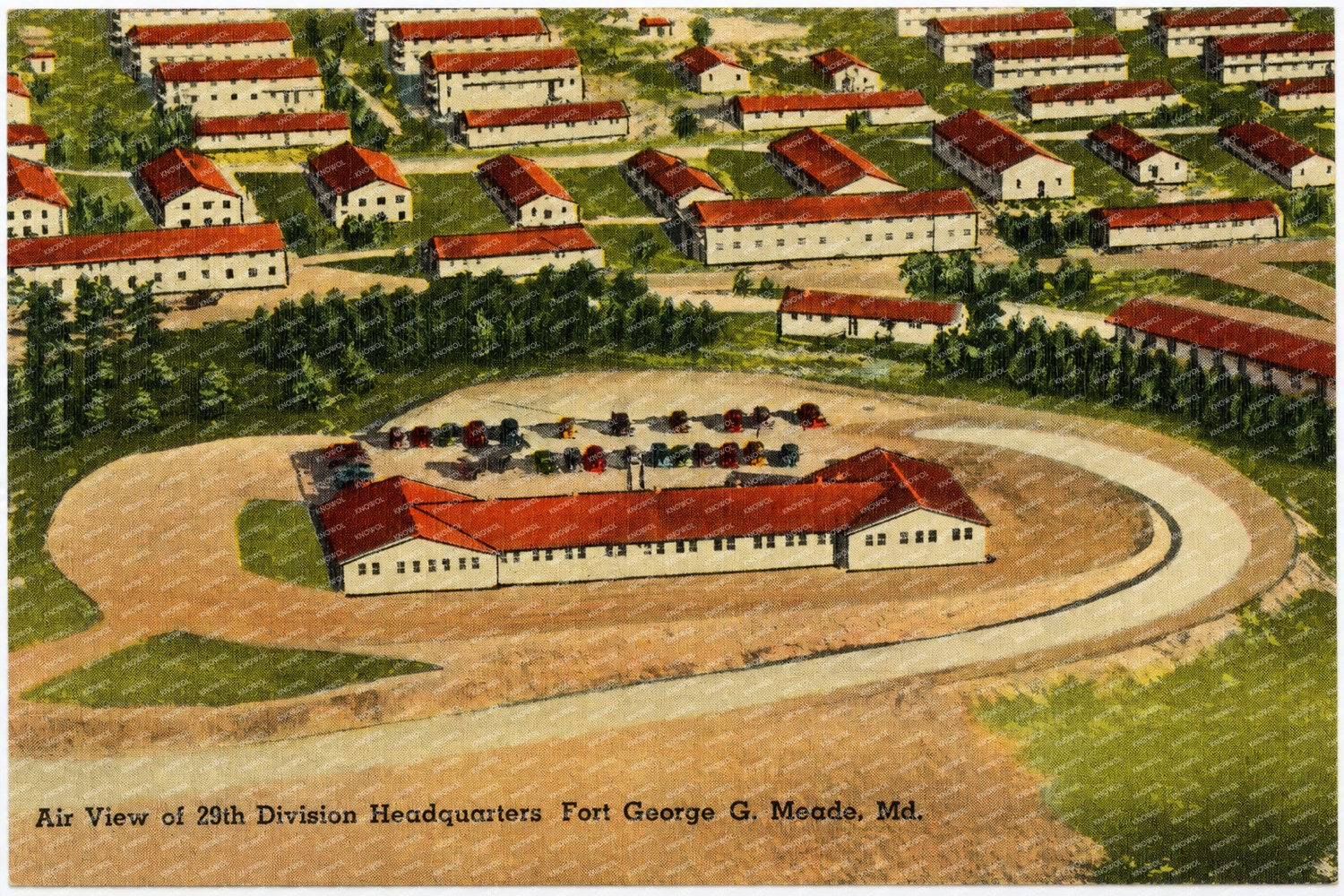 Air view of 29th Division Headquarters, Fort George G. Meade, MD — Vintage Maryland Postcard