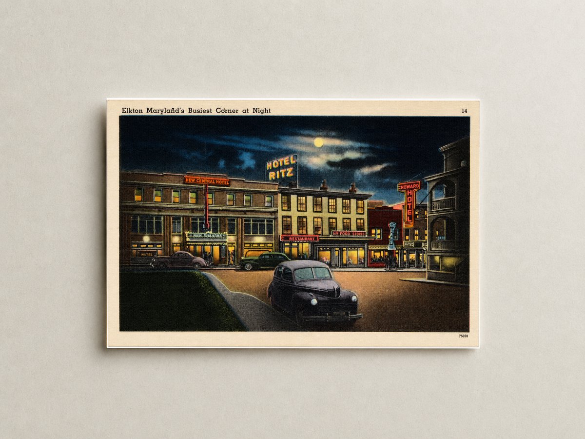 Elkton Maryland's busiest corner at night — Vintage Maryland Postcard