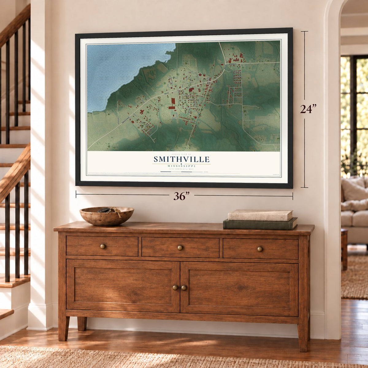Smithville, Mississippi map, 24 x 36 inch print in a black frame above a dresser by a staircase