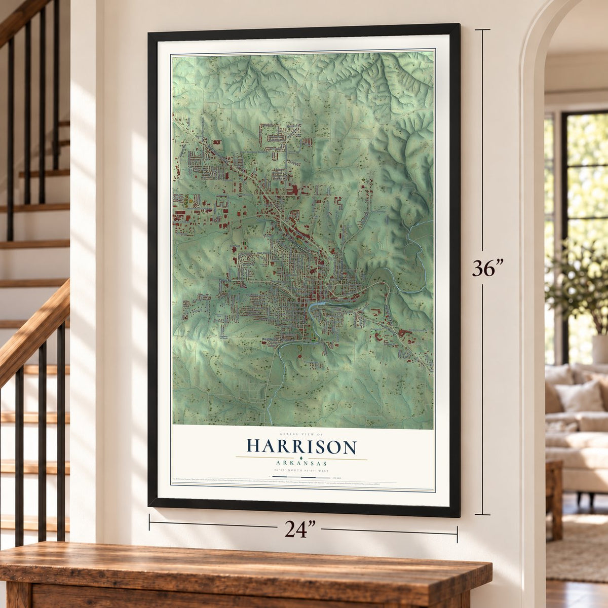Harrison, Arkansas map, 24 x 36 inch print in a black frame by a staircase