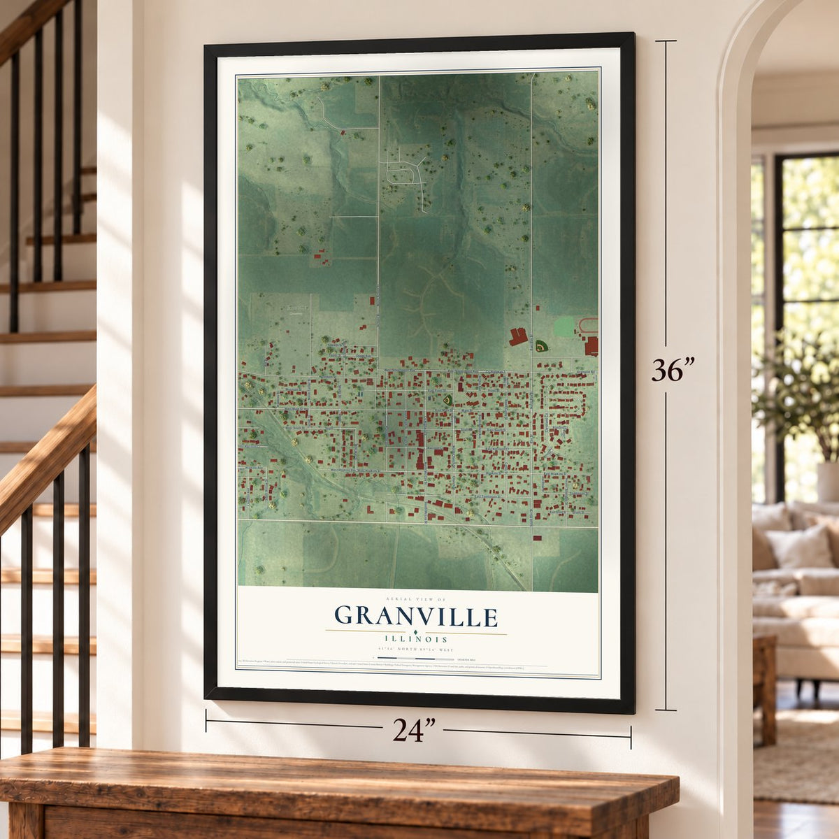 Granville, Illinois map, 24 x 36 inch print in a black frame by a staircase