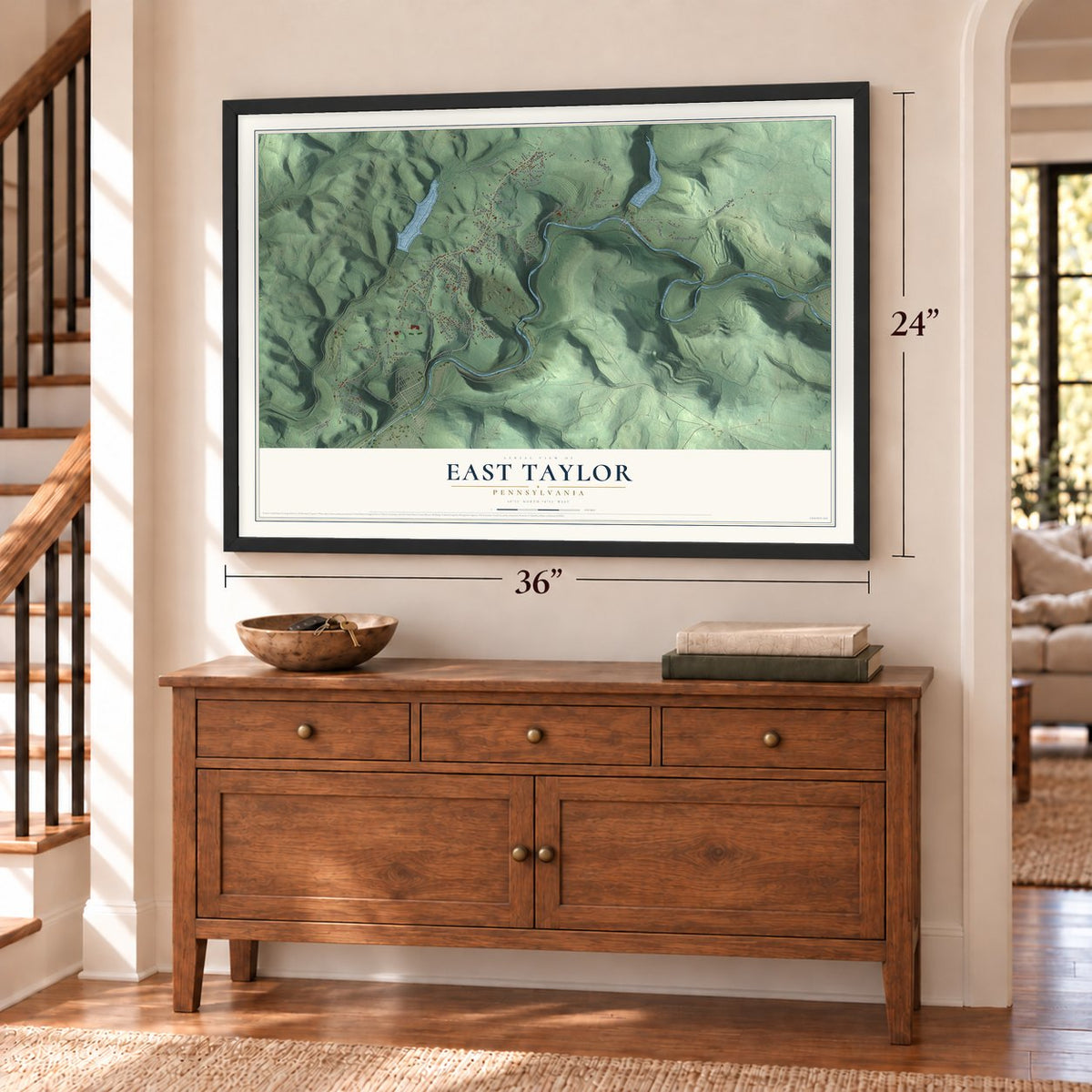 East Taylor, Pennsylvania map, 24 x 36 inch print in a black frame above a dresser by a staircase