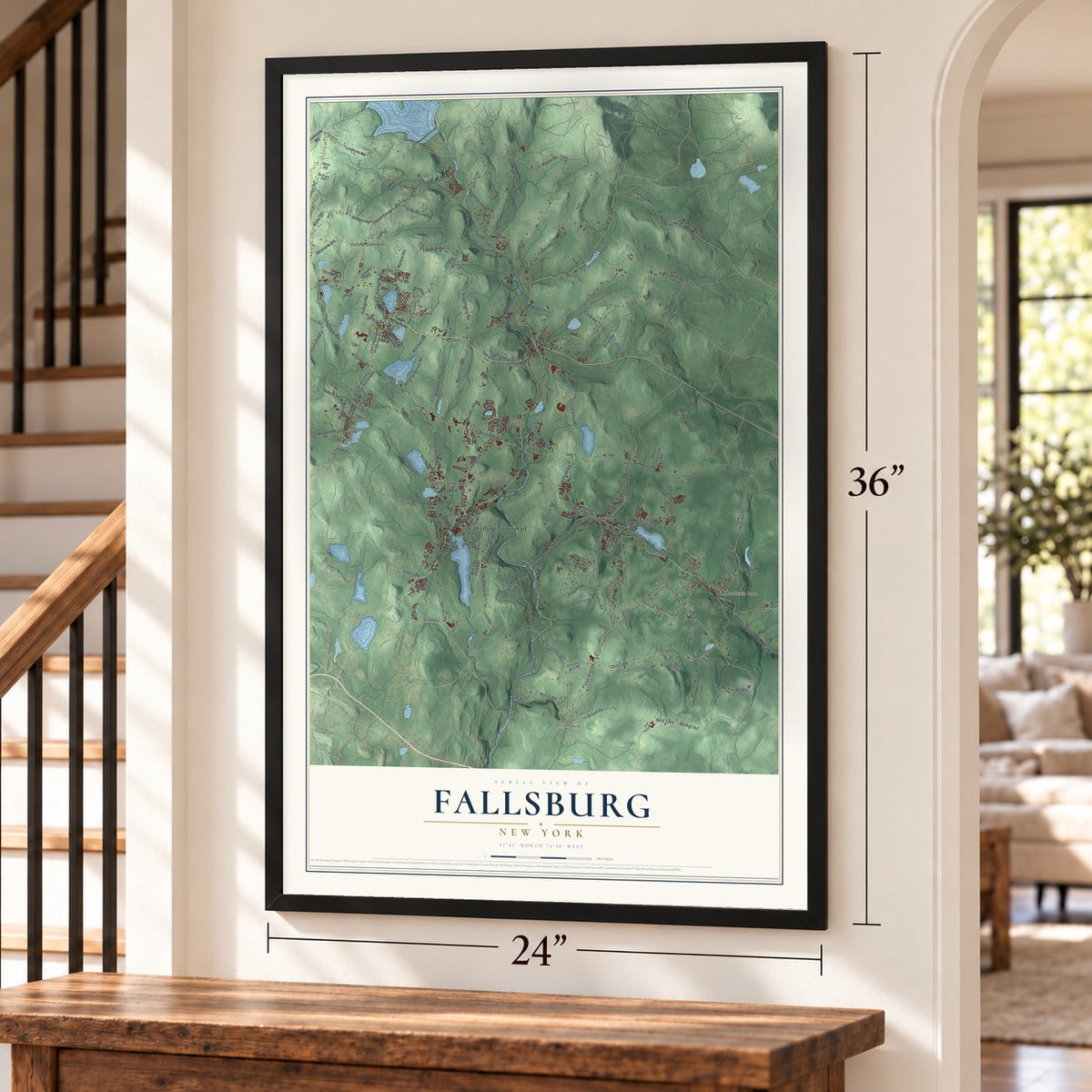 Fallsburg, New York map, 24 x 36 inch print in a black frame by a staircase