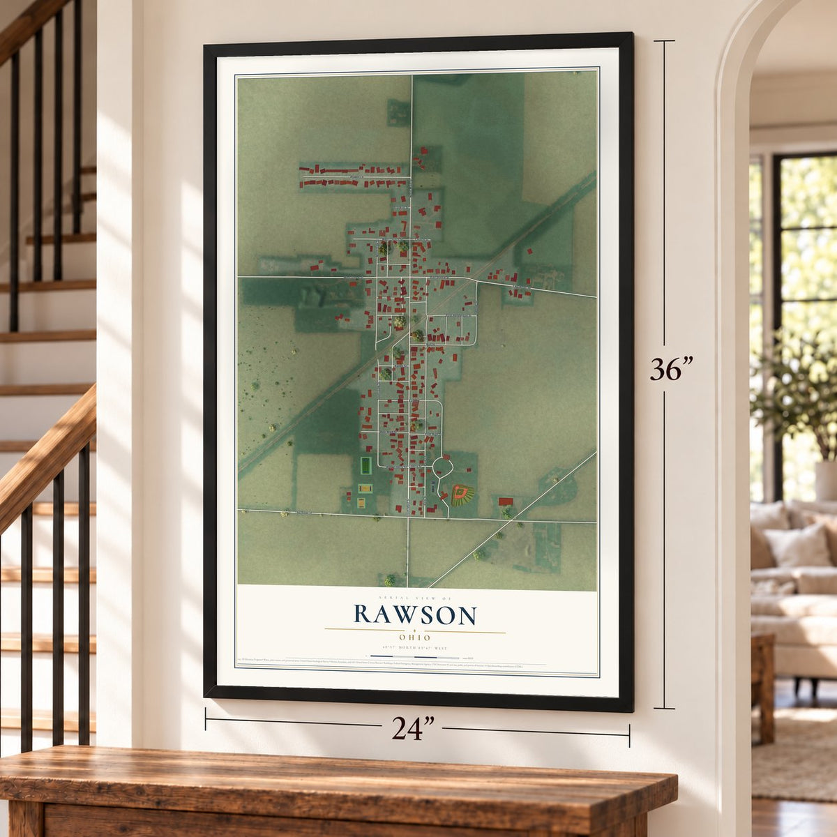 Rawson, Ohio map, 24 x 36 inch print in a black frame by a staircase