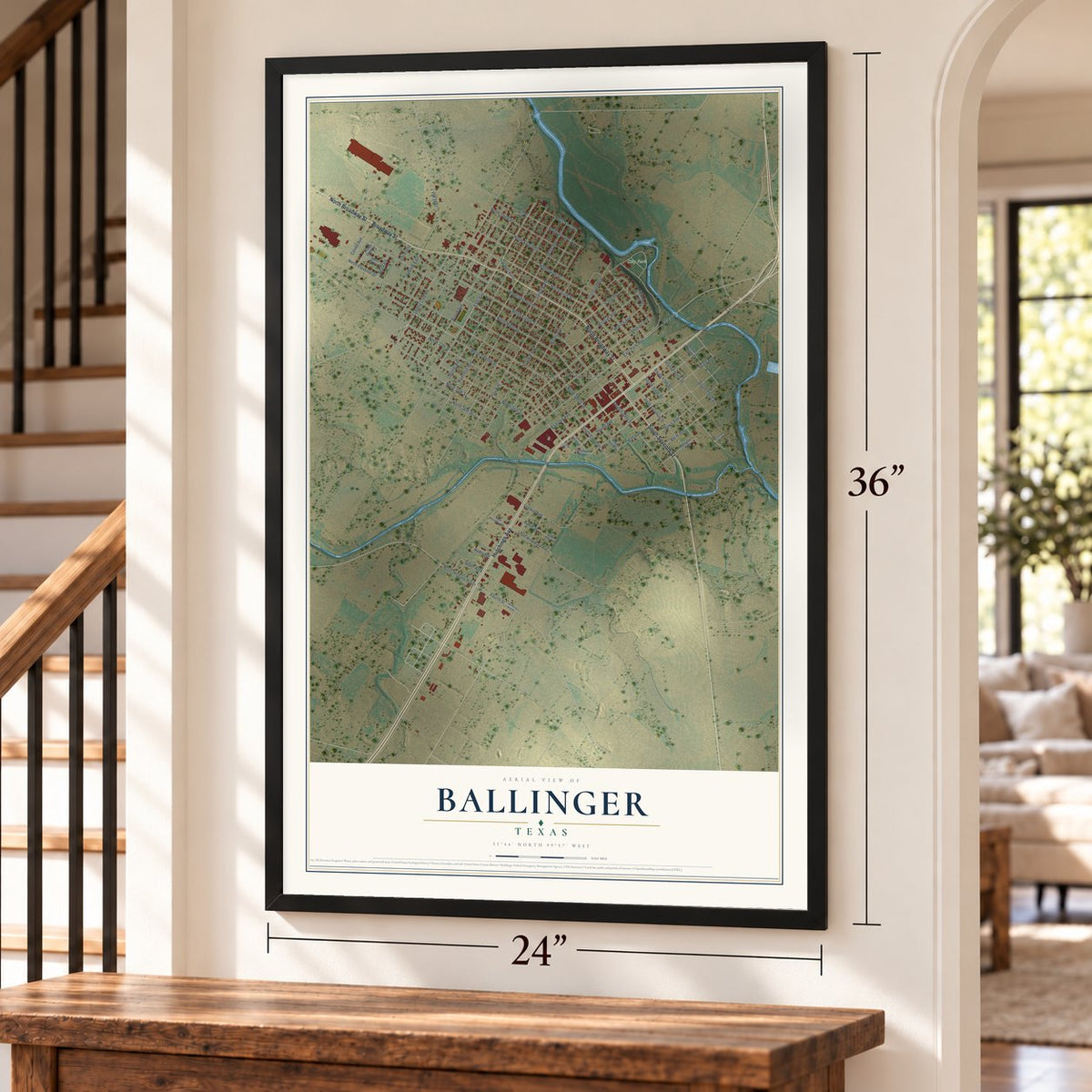 Ballinger, Texas map, 24 x 36 inch print in a black frame by a staircase
