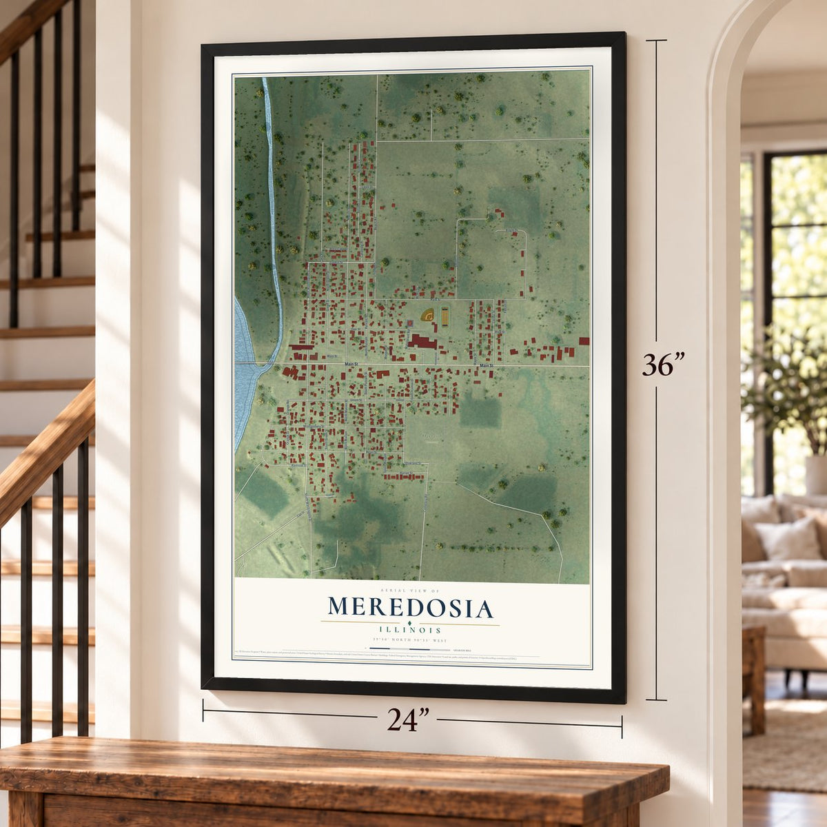 Meredosia, Illinois map, 24 x 36 inch print in a black frame by a staircase