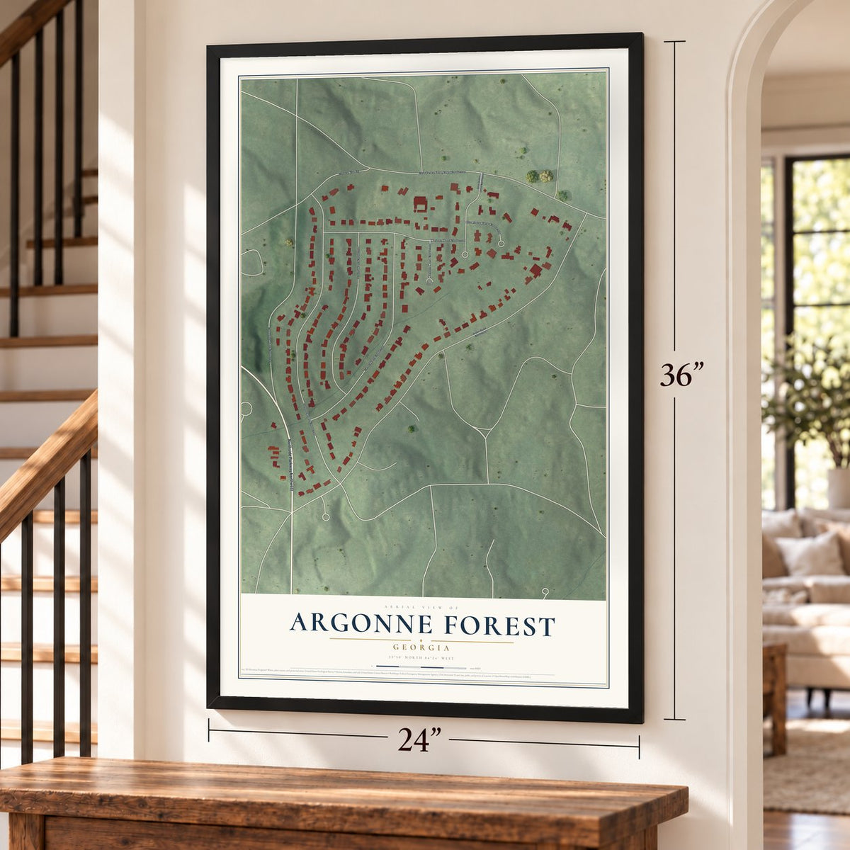 Argonne Forest, Georgia map, 24 x 36 inch print in a black frame by a staircase