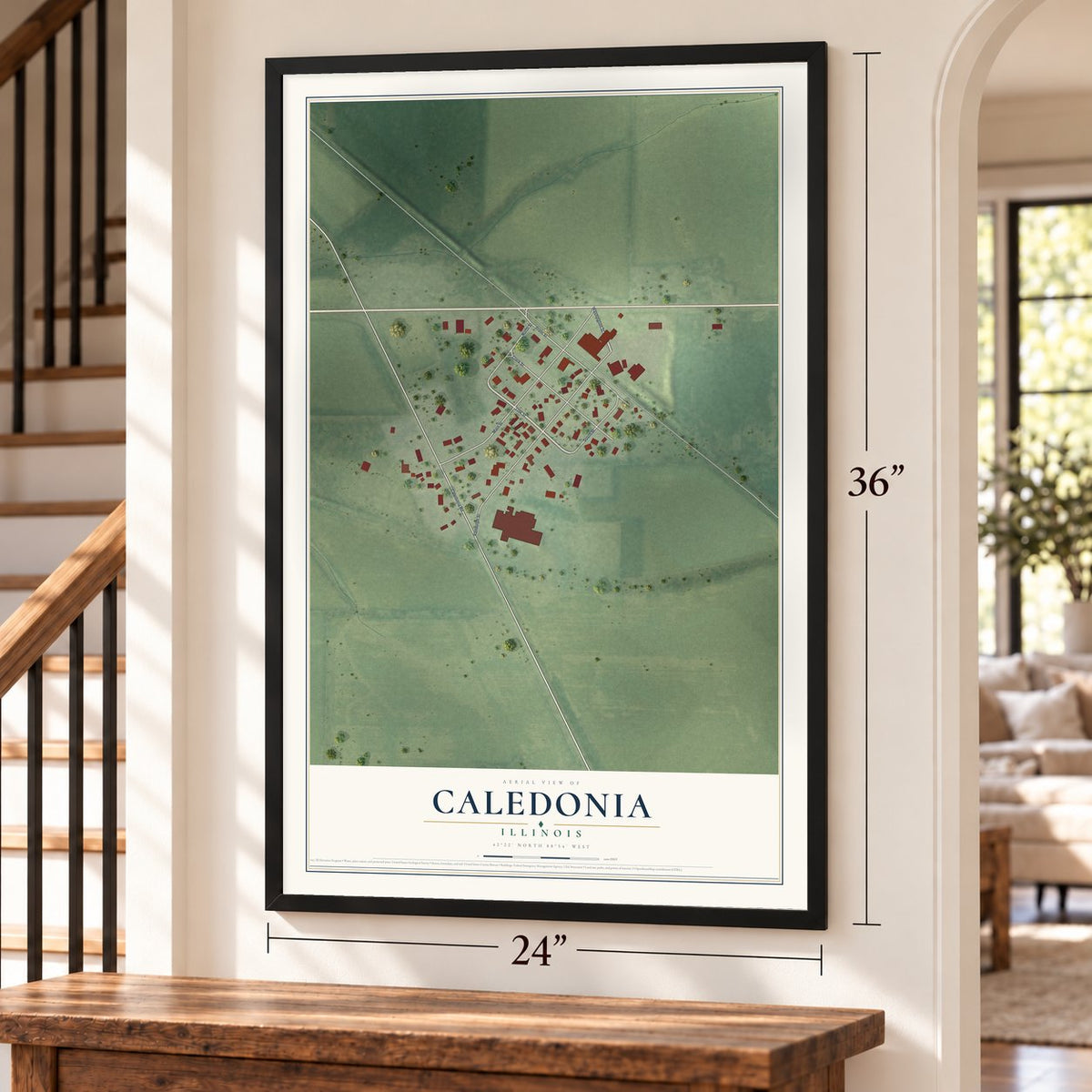 Caledonia, Illinois map, 24 x 36 inch print in a black frame by a staircase