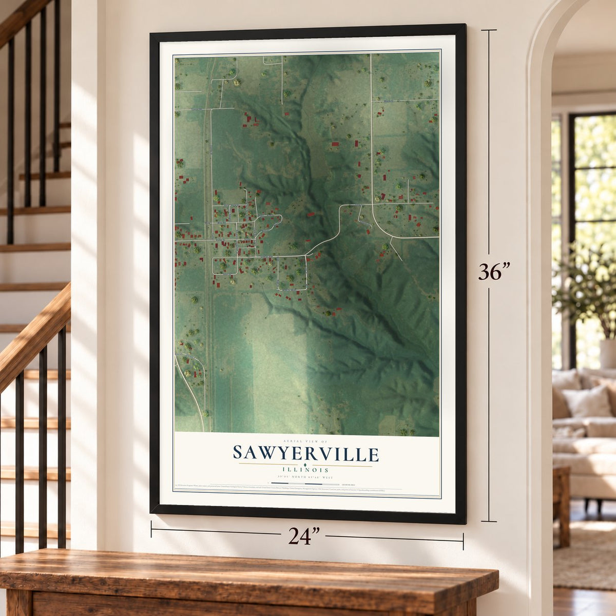 Sawyerville, Illinois map, 24 x 36 inch print in a black frame by a staircase