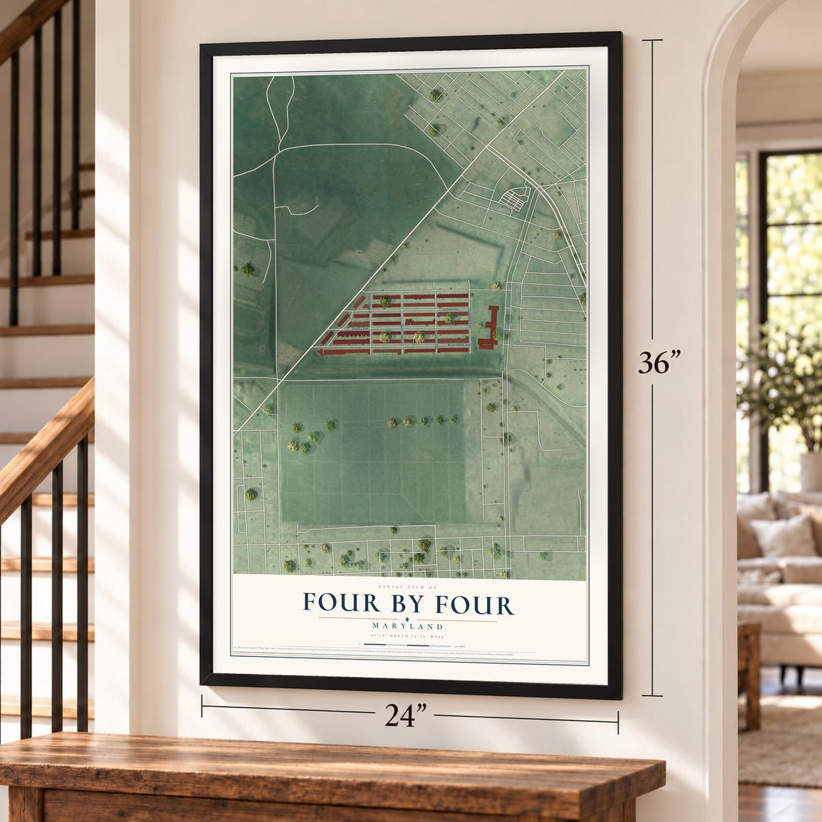 Four By Four, Maryland map, 24 x 36 inch print in a black frame by a staircase