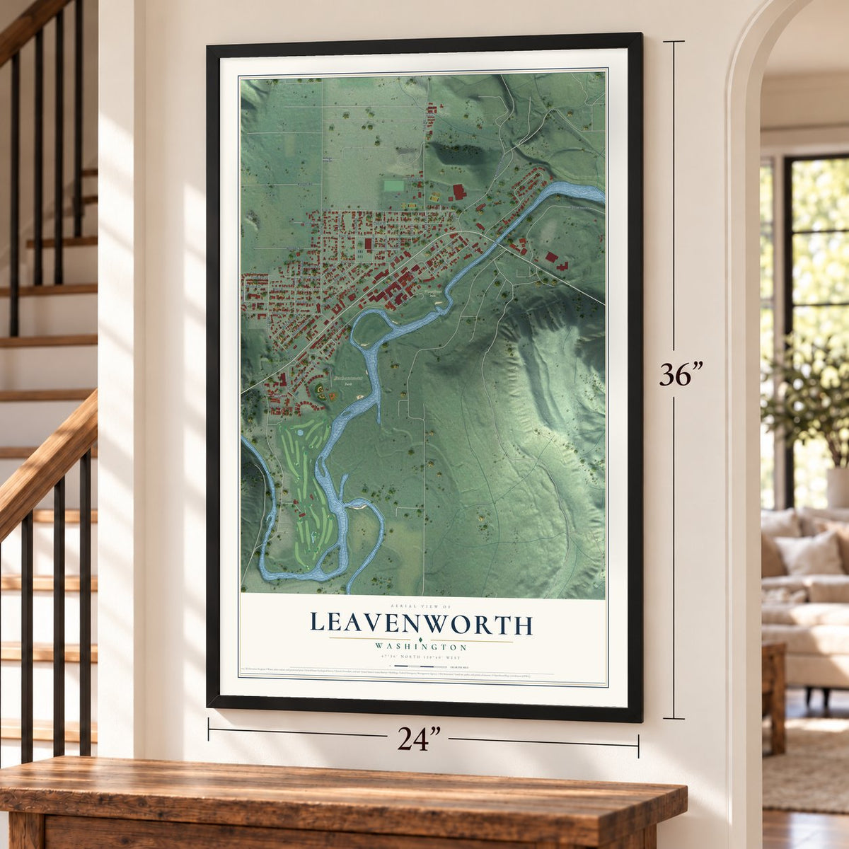 Leavenworth, Washington map, 24 x 36 inch print in a black frame by a staircase
