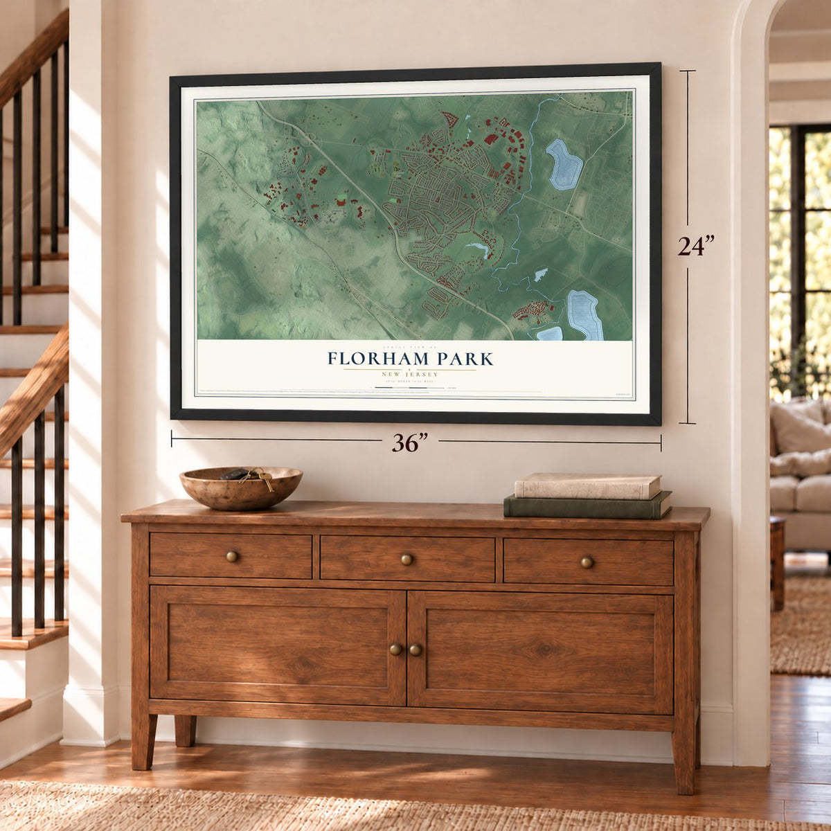 Florham Park, New Jersey map, 24 x 36 inch print in a black frame above a dresser by a staircase