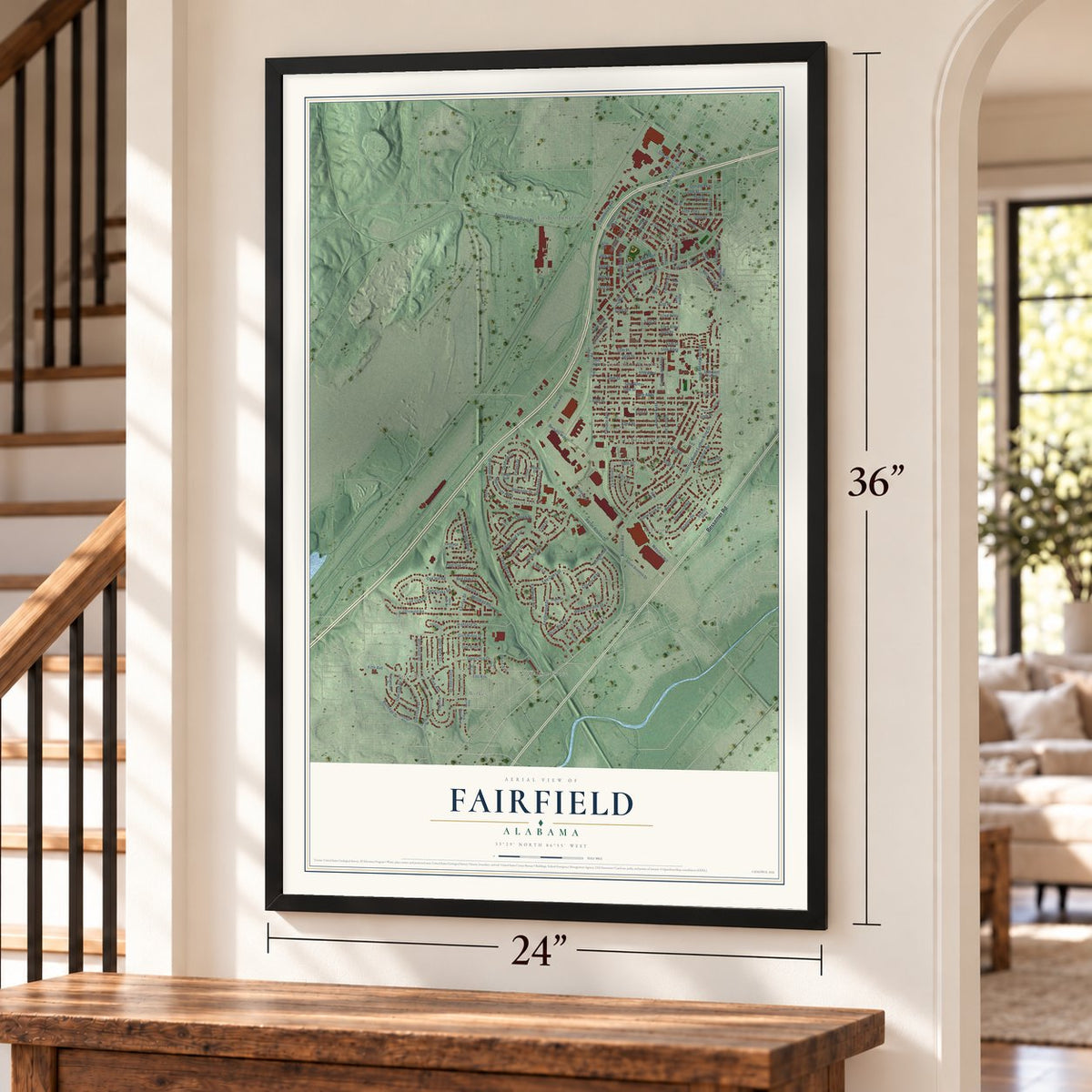 Fairfield, Alabama map, 24 x 36 inch print in a black frame by a staircase