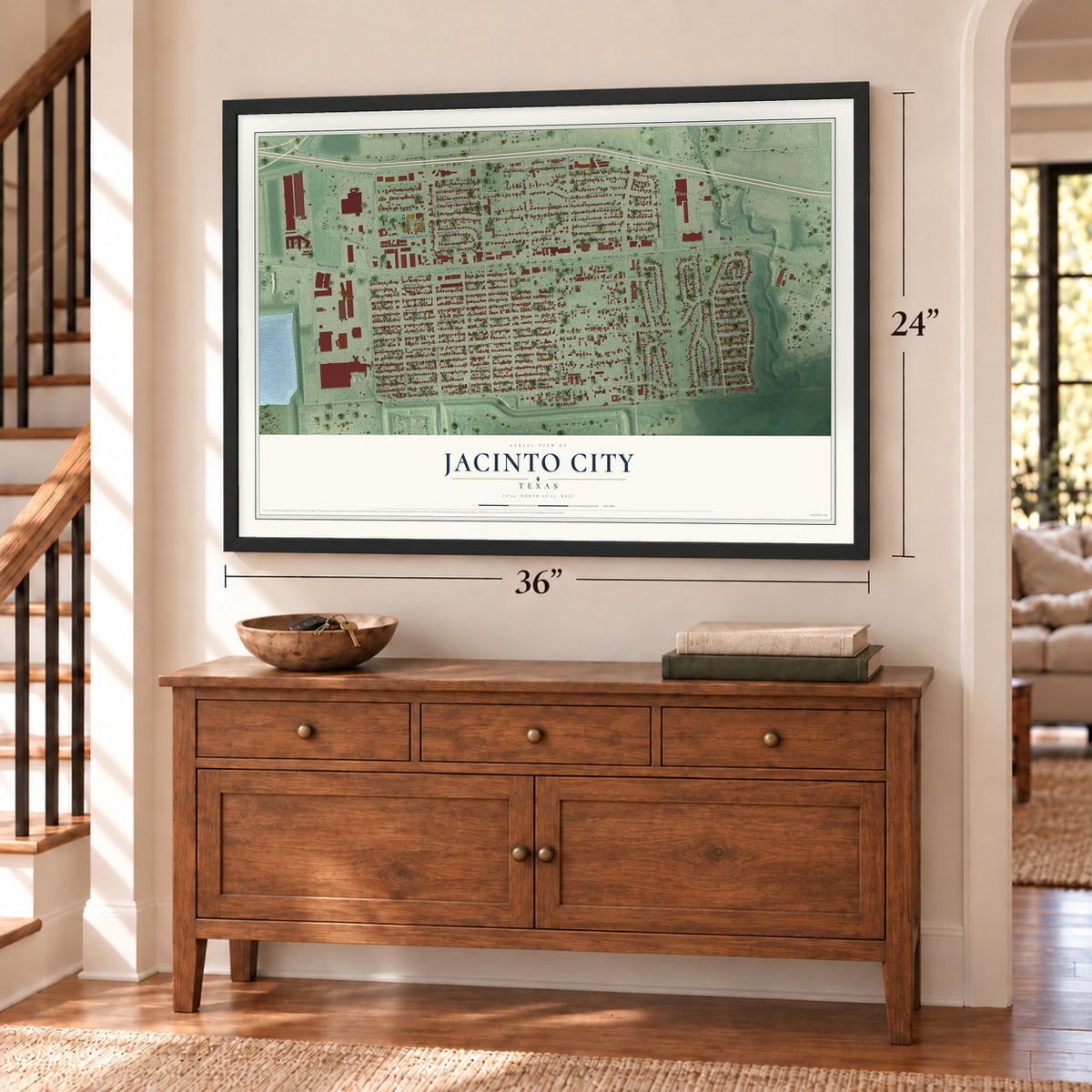 Jacinto City, Texas map, 24 x 36 inch print in a black frame above a dresser by a staircase