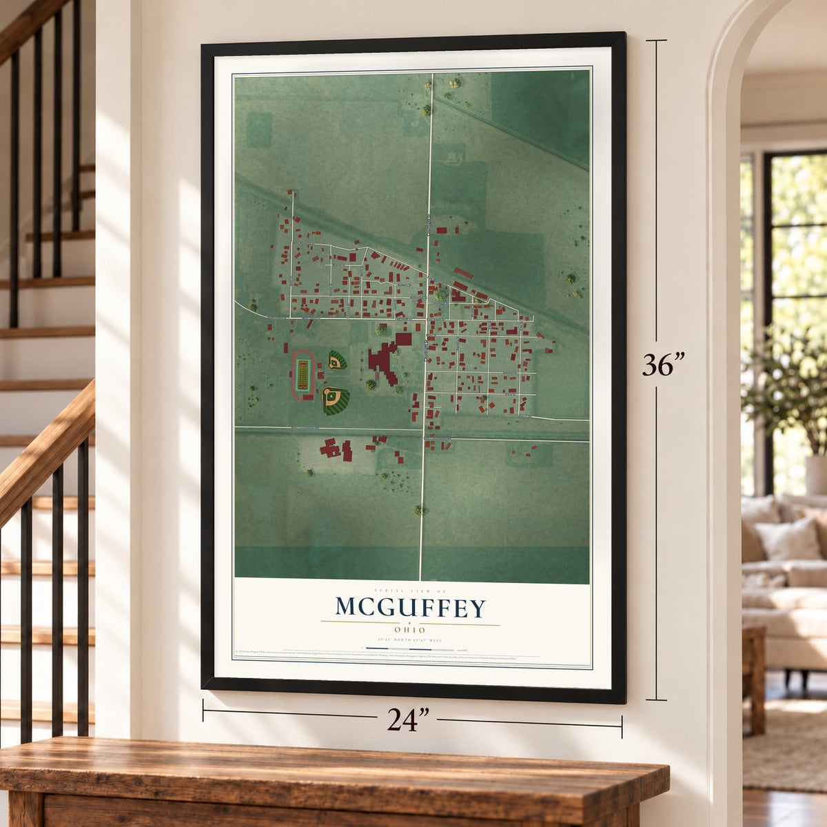 McGuffey, Ohio map, 24 x 36 inch print in a black frame by a staircase