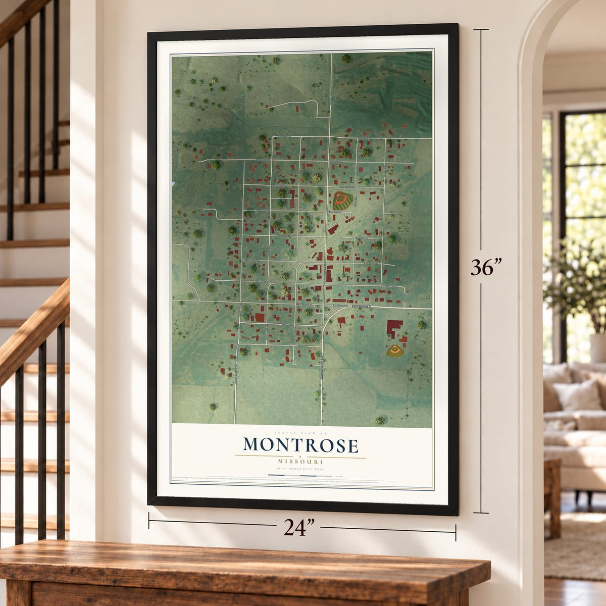 Montrose, Missouri map, 24 x 36 inch print in a black frame by a staircase