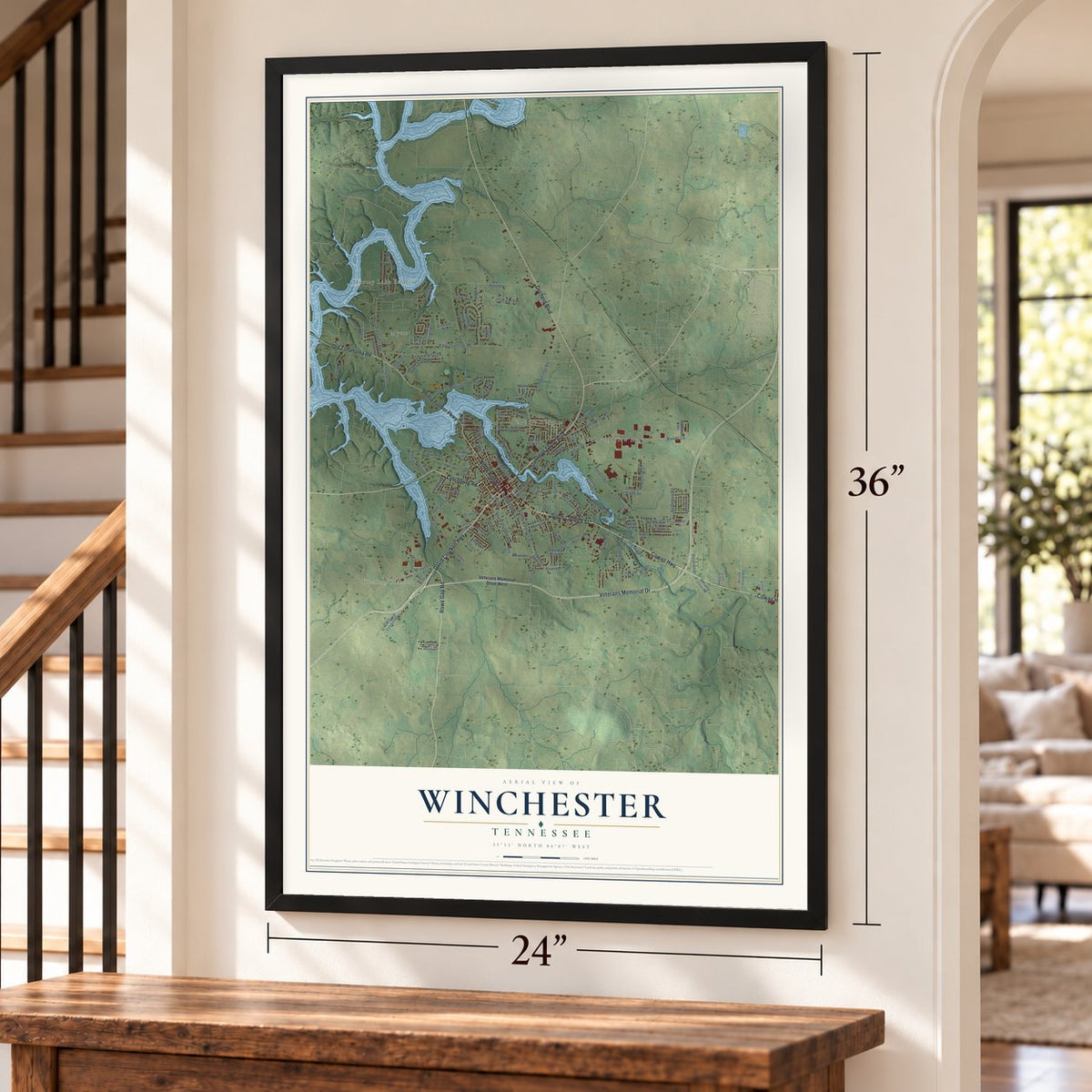 Winchester, Tennessee map, 24 x 36 inch print in a black frame by a staircase