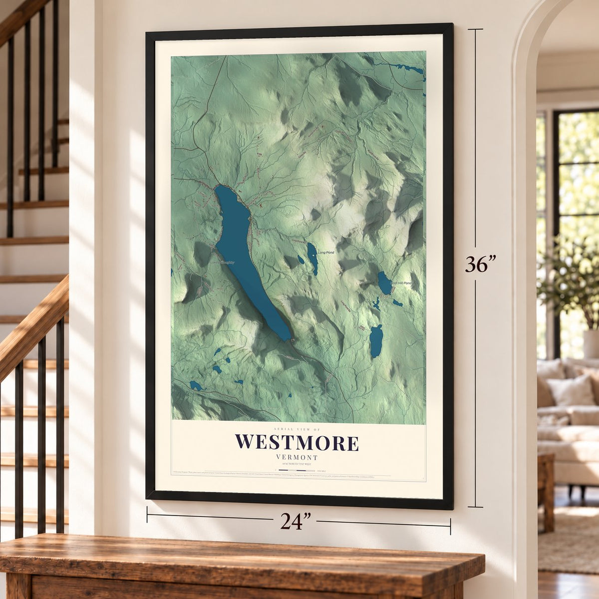 Westmore, Vermont map, 24 x 36 inch print in a black frame by a staircase