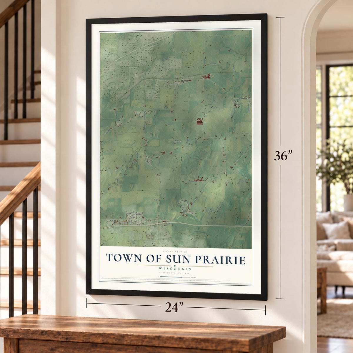 Town of Sun Prairie, Wisconsin map, 24 x 36 inch print in a black frame by a staircase
