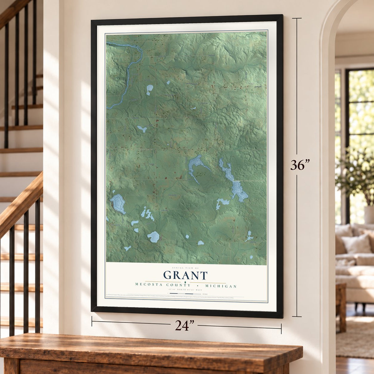 Grant, Mecosta County, Michigan map, 24 x 36 inch print in a black frame by a staircase
