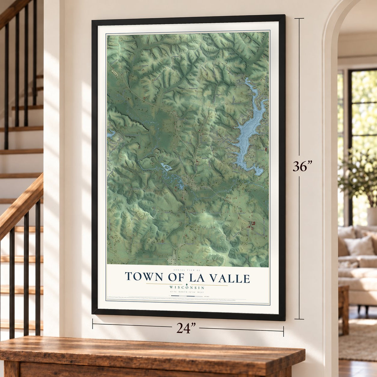 Town of La Valle, Wisconsin map, 24 x 36 inch print in a black frame by a staircase