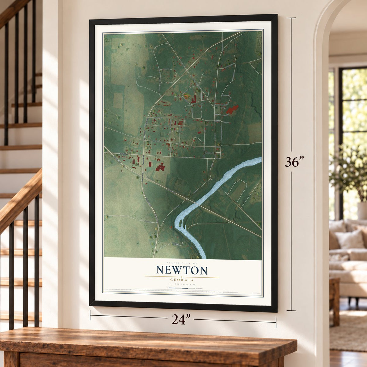 Newton, Georgia map, 24 x 36 inch print in a black frame by a staircase