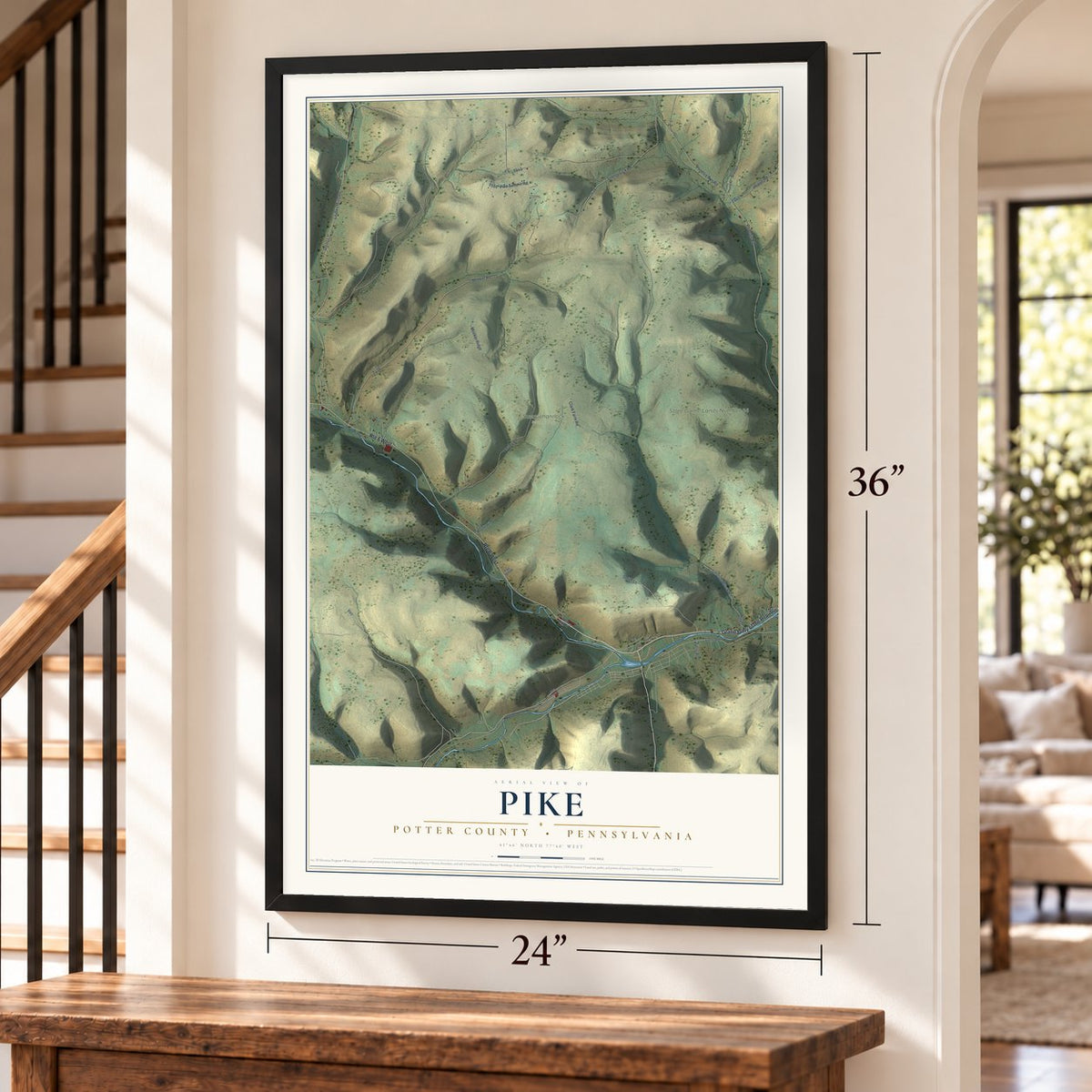 Pike, Potter County, Pennsylvania map, 24 x 36 inch print in a black frame by a staircase