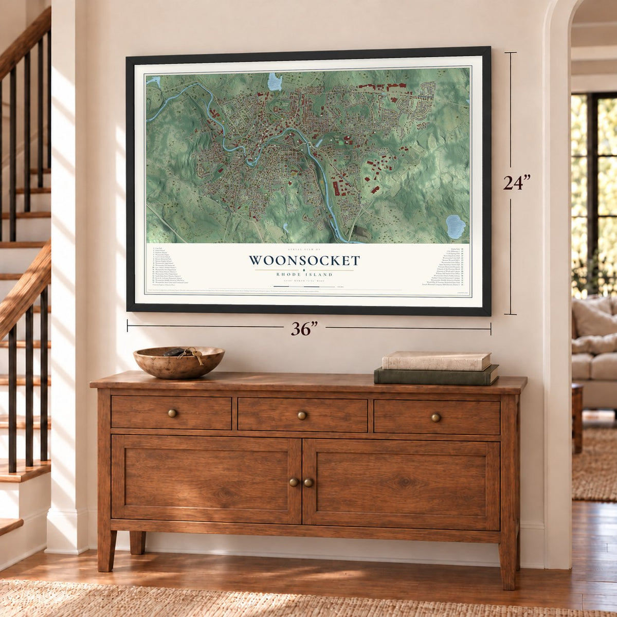 Woonsocket, Rhode Island map, 24 x 36 inch print in a black frame above a dresser by a staircase