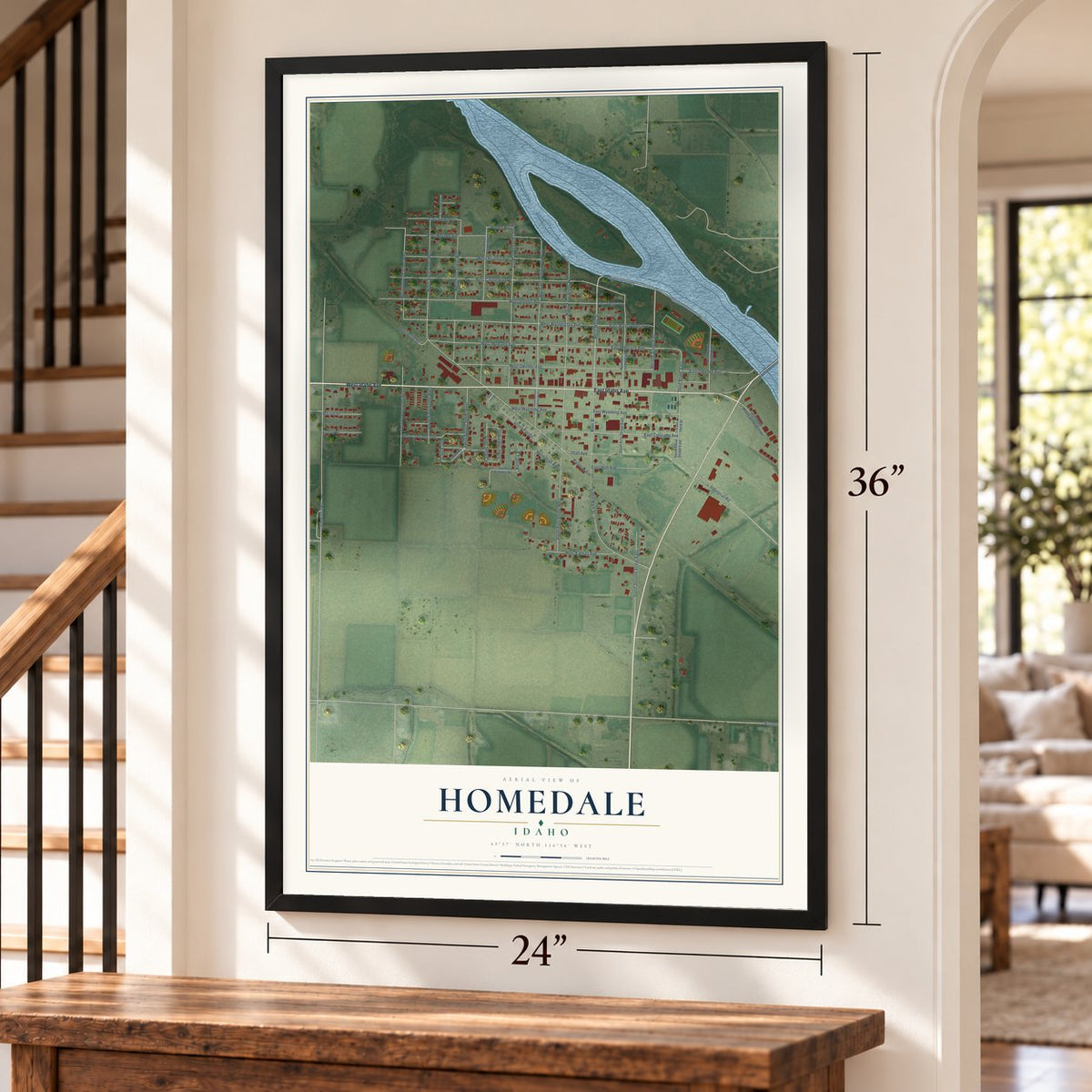 Homedale, Idaho map, 24 x 36 inch print in a black frame by a staircase