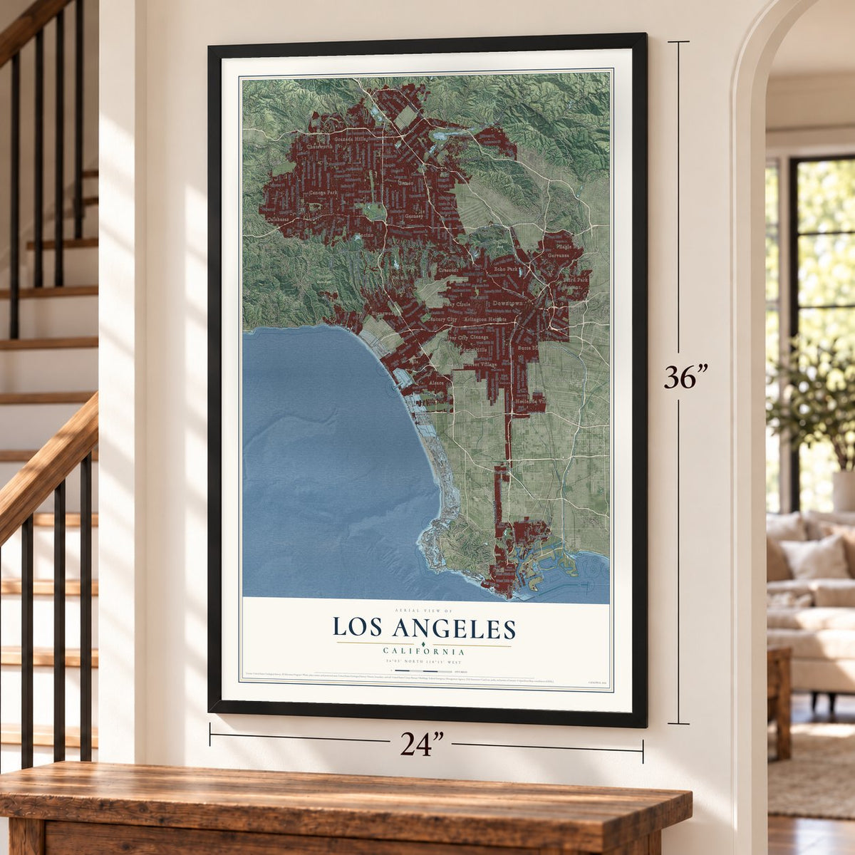 Los Angeles, California map, 24 x 36 inch print in a black frame by a staircase
