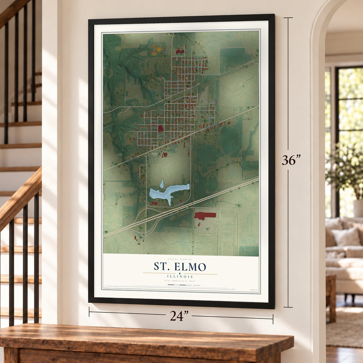 St. Elmo, Illinois map, 24 x 36 inch print in a black frame by a staircase