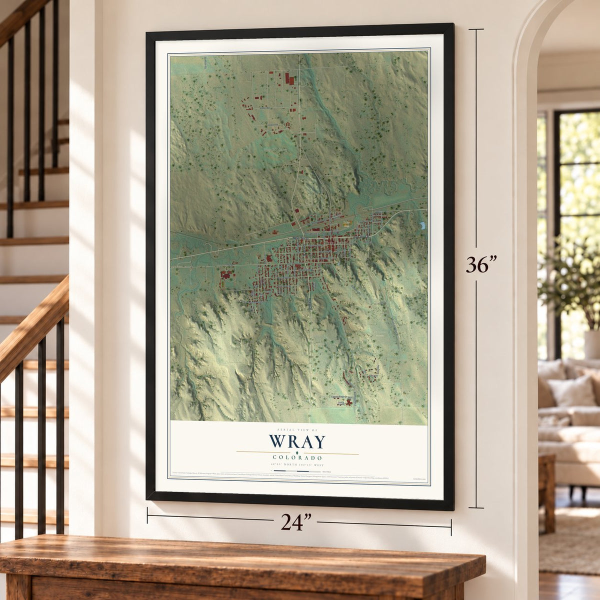 Wray, Colorado map, 24 x 36 inch print in a black frame by a staircase