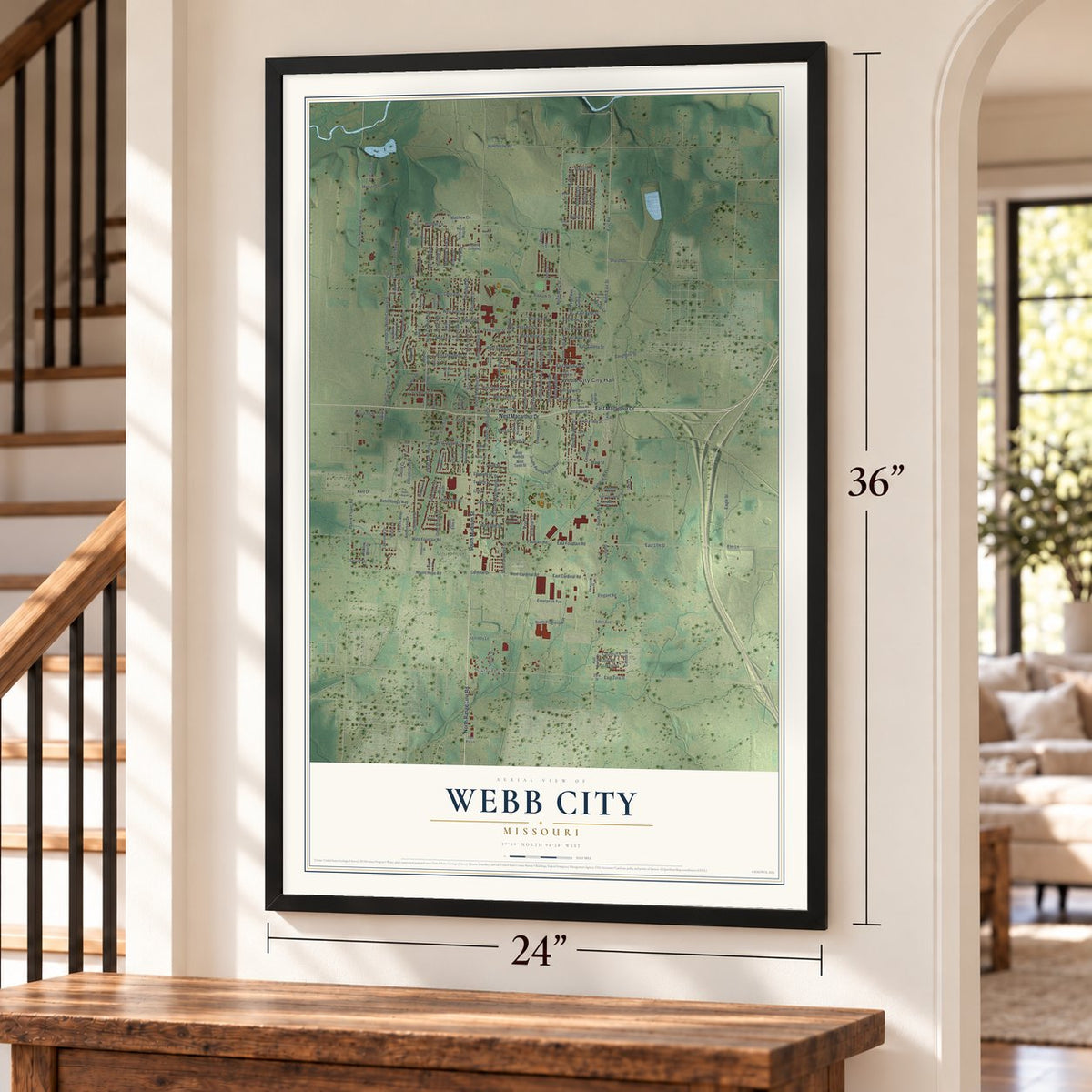 Webb City, Missouri map, 24 x 36 inch print in a black frame by a staircase