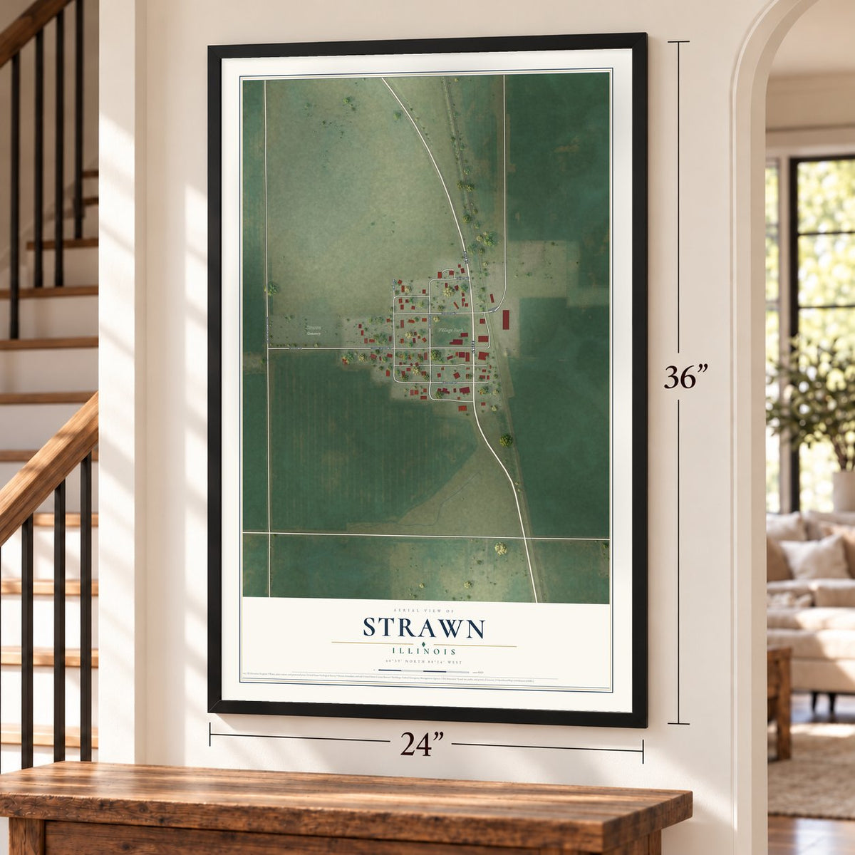 Strawn, Illinois map, 24 x 36 inch print in a black frame by a staircase