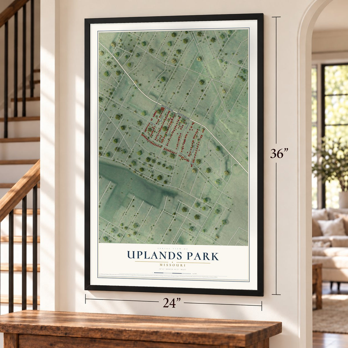 Uplands Park, Missouri map, 24 x 36 inch print in a black frame by a staircase