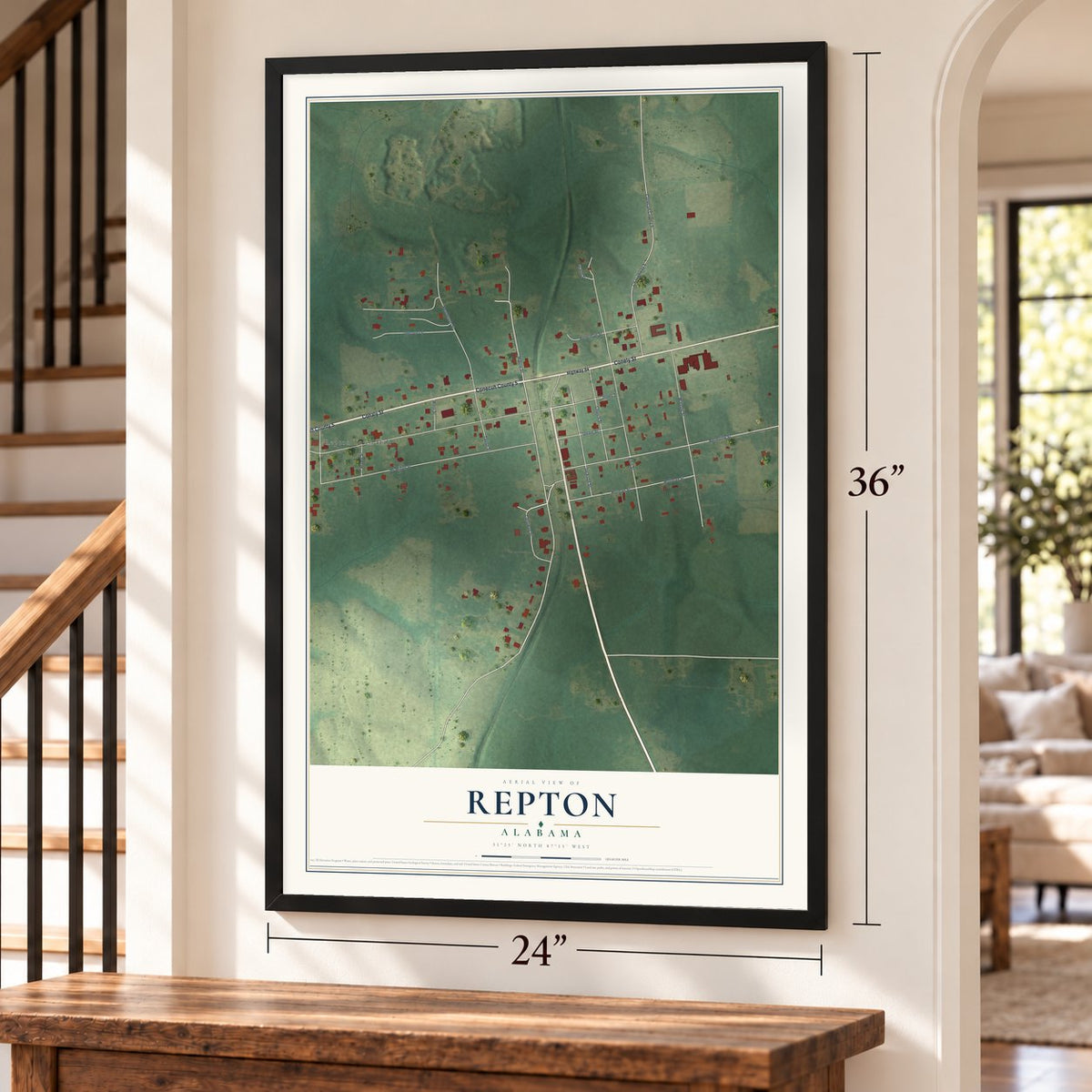 Repton, Alabama map, 24 x 36 inch print in a black frame by a staircase