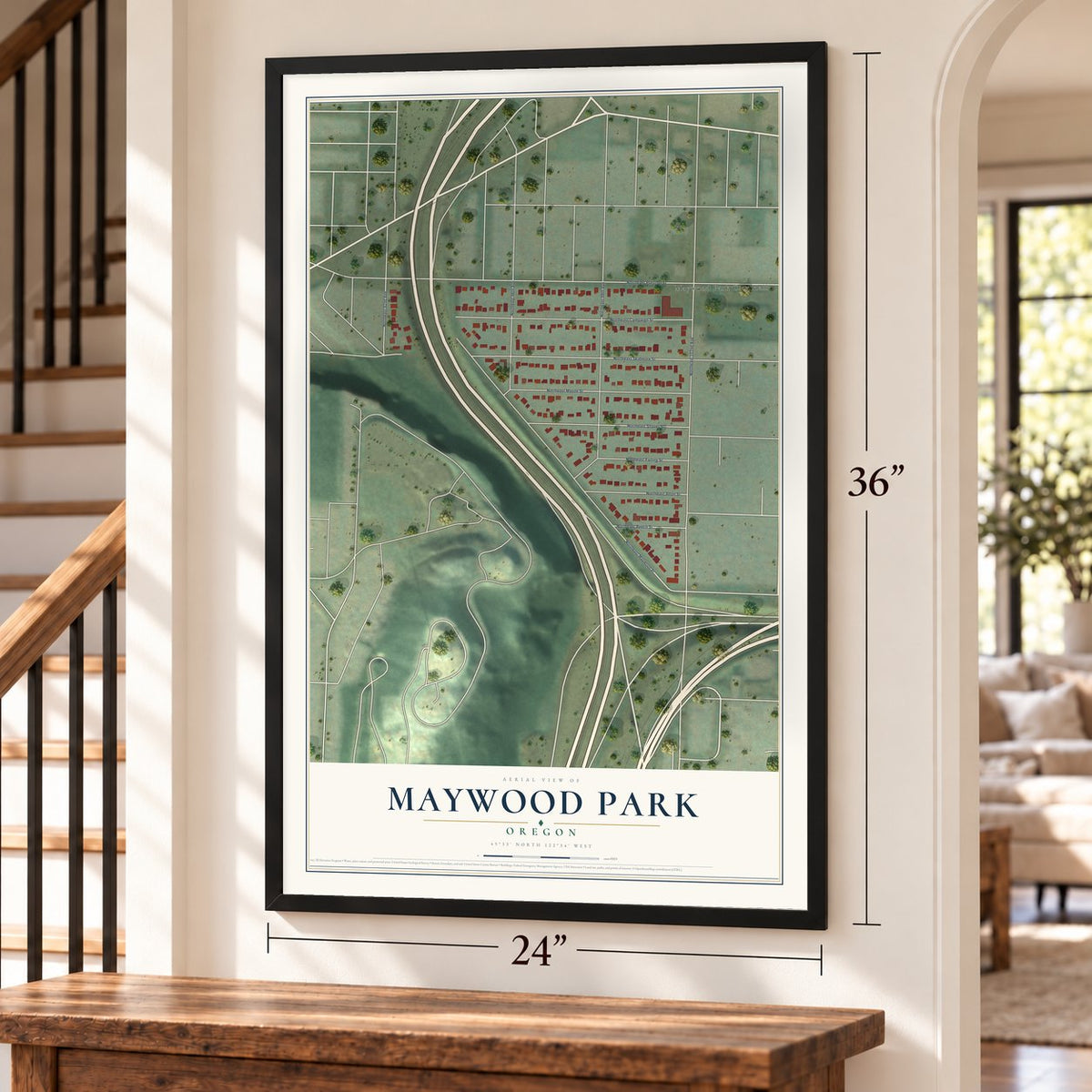 Maywood Park, Oregon map, 24 x 36 inch print in a black frame by a staircase