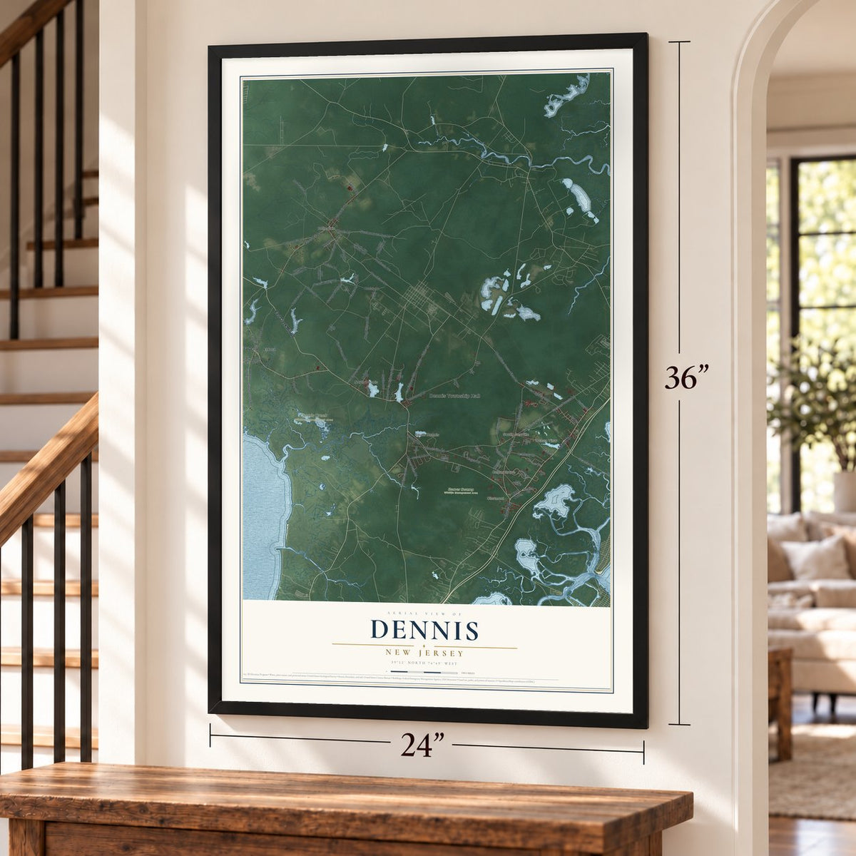 Dennis, New Jersey map, 24 x 36 inch print in a black frame by a staircase