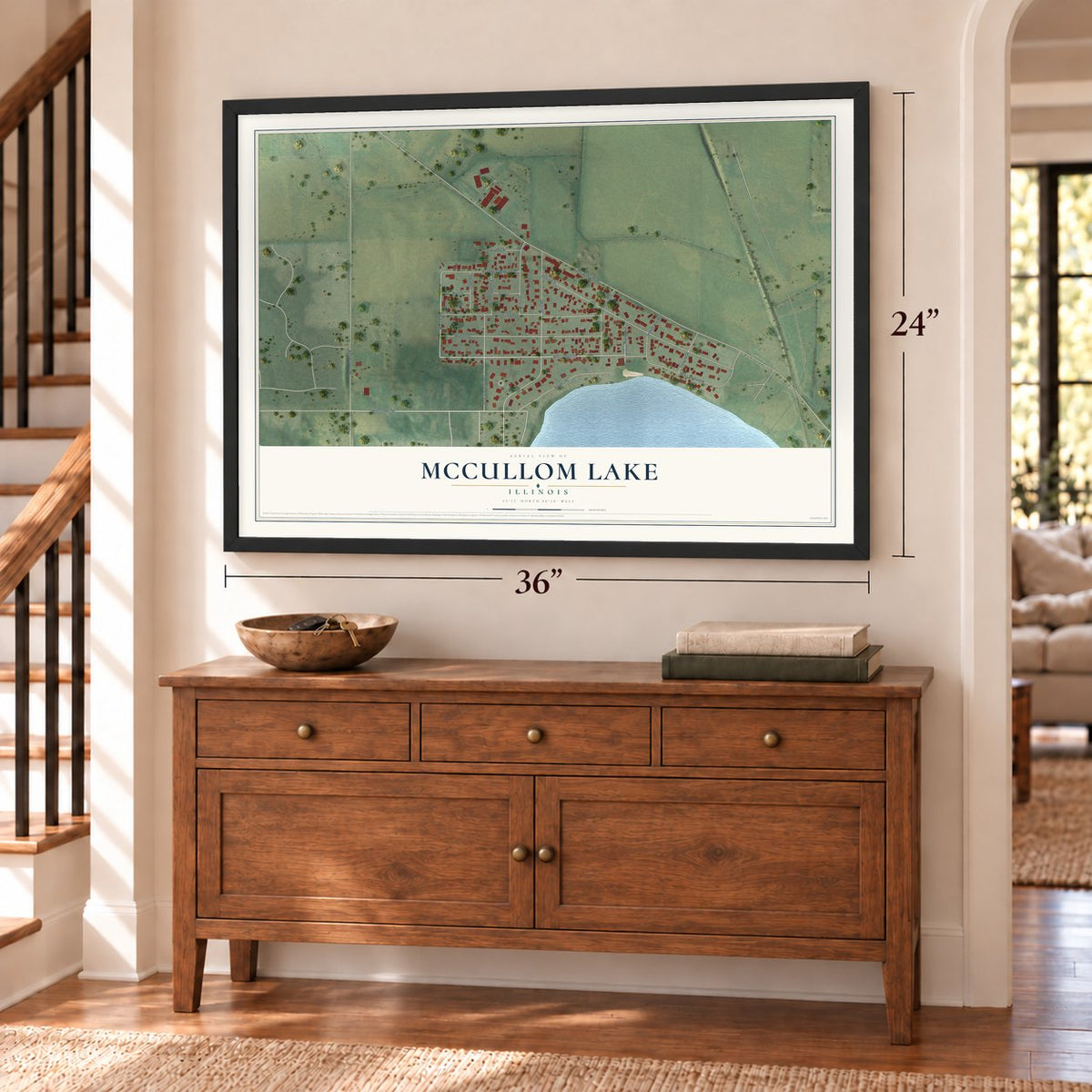 McCullom Lake, Illinois map, 24 x 36 inch print in a black frame above a dresser by a staircase